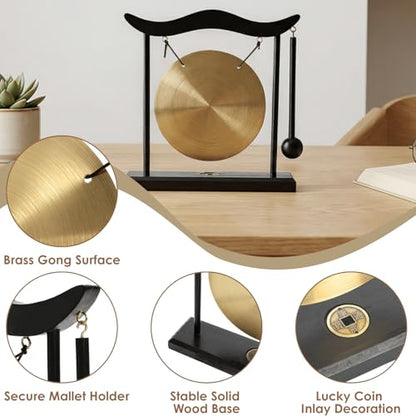YOUEON Zen Table Gong with Wooden Frame and Mallet, Brass Desktop Meditation Gong Decor, Smooth Polished Copper Ornament for Home, Office, Yoga & Mindfulness Gift