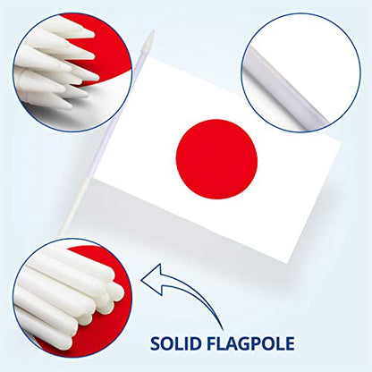 Anley Japan Mini Flag 12 Pack - Hand Held Small Miniature Janpanese Flags on Stick - Fade Resistant & Vivid Colors - 5.5x8 Inch with Solid Pole & Spear Top - color: Japan