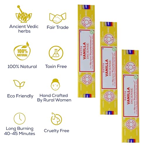 Satya Nagchampa Vanilla Incense Sticks, Satya Bng (Bangalore) Insenses 15gmx3 Pack (45 GMS) with Raajsee Incense Holder Bundle, Satya Nagchampa Natural Incense - color: Vanilla