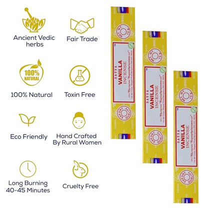 Satya Nagchampa Vanilla Incense Sticks, Satya Bng (Bangalore) Insenses 15gmx3 Pack (45 GMS) with Raajsee Incense Holder Bundle, Satya Nagchampa Natural Incense - color: Vanilla