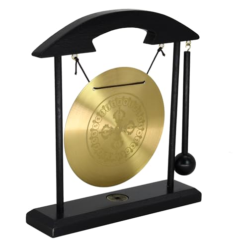 Feng Shui Desktop Gong Set, Brass Gong with Cross Vajra (Dorje) Center & Om Mani Padme Hum Mantra Ring, Solid Wood Frame & Mallet, Tibetan Zen Decor for Meditation & Energy Clearing, 11.1"W x 7.9"H - color: Cross Vajra