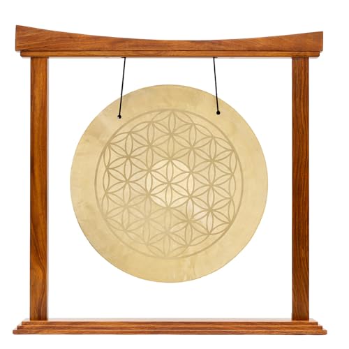 Flower of Life Wind Gongs on Stands - Includes Gong, Mallet & Stand/Traditional Bronze Gong/Sacred Geometry Gong Engraving/Meditation & Sound Healing