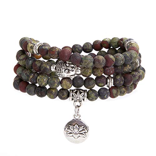 Bivei 108 Mala Beads Necklace Long Beaded Wrap Bracelets Genuine Gemstone Mala Prayer Beads Lotus Buddha Charm Yoga Meditation Necklace - color: Bloodstone-Lotus OM-Buddha
