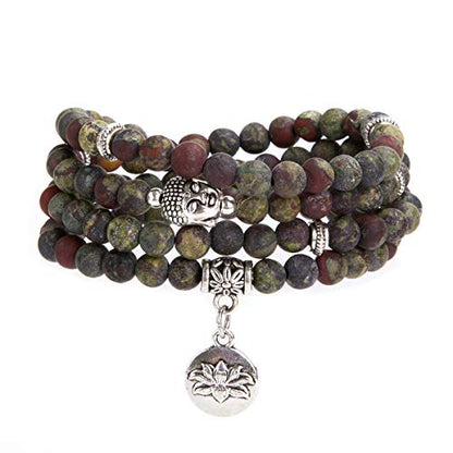 Bivei 108 Mala Beads Necklace Long Beaded Wrap Bracelets Genuine Gemstone Mala Prayer Beads Lotus Buddha Charm Yoga Meditation Necklace - color: Bloodstone-Lotus OM-Buddha