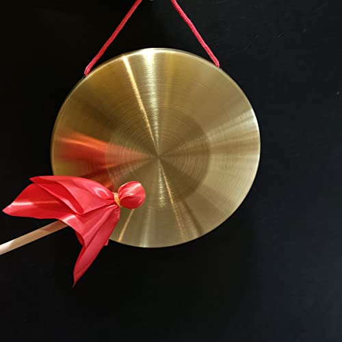 Gong Instrument with 8.7inch(22cm),Chinese Traditional Percussion Instrument Brass Gong with Wooden Mallet and Red Ribbon for Home Office Celebration - color: Gold-8.7inch