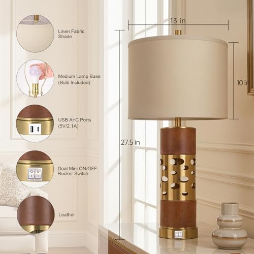 KIVDITZO Mid Century Modern Leather Table Lamps Set of 2 with Night Light