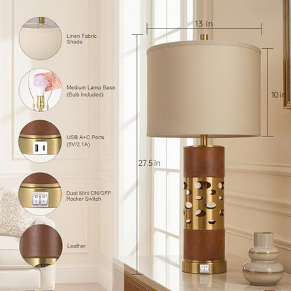 KIVDITZO Mid Century Modern Leather Table Lamps Set of 2 with Night Light