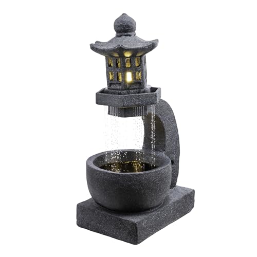 Alpine Corporation DIG370 31" Outdoor Zen Pagoda Water Fountain with LED Lights & Illuminated Stone Bowl – Tranquil Garden Water Feature for Relaxation and Ambiance, Gray - color: Gray - 31" Zen Pagoda W/ Leds