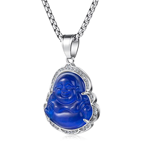 Lucky Laughing Buddha Pendant Chain Necklaces Amulet Jewelry for Men Women 60cm - color: Silver-Blue
