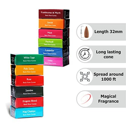 ARO VATIKA Backflow Natural Masala 50 Pack 'A' Incense Cones | 5 Different Assorted Fragrances of Nag Champa, White Sage, Dragons Blood, Palo Santo, Musk | Burn time- Approx 16-18 mins - color: Combo 'A'