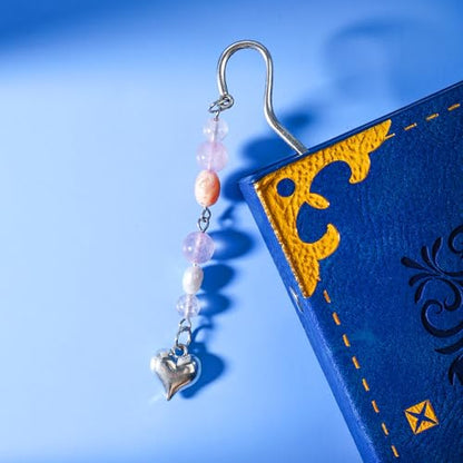 Vintage Metal Heart Pendant Bookmark with Natural Crystal Bead Chain–Elegant Bookmarks for Women,Men,Book Lovers,Teachers and Students(Rose Quartz) - style: Heart