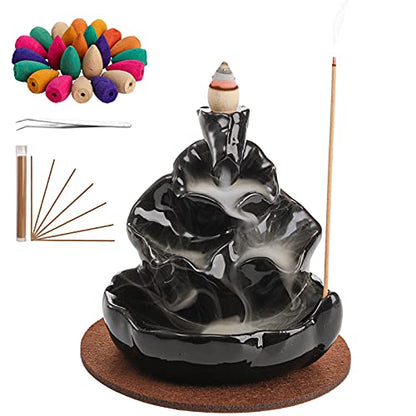 Kingrol Complete Backflow Incense Set: 1 Ceramic Cone Burner, Mat, Tweezer + 60 Sticks & 100 Backflow Cones for Zen Home Decor, Yoga, Meditation, Daily Relaxation