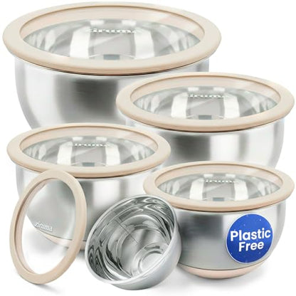 Non-Toxic Stainless Steel Mixing Bowls, Glass Lids, Plastic Free, 5-Pcs