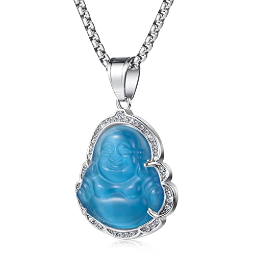 Lucky Laughing Buddha Pendant Chain Necklaces Amulet Jewelry for Men Women 60cm - color: Silver-Lake Blue