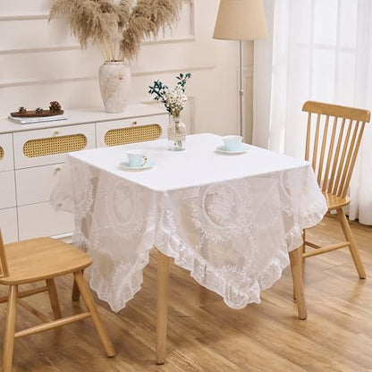 White Lace Floral Embroidered Square Tablecloth 55”x55” Table Cloth - color: White, size: 55" x 55" (Square)