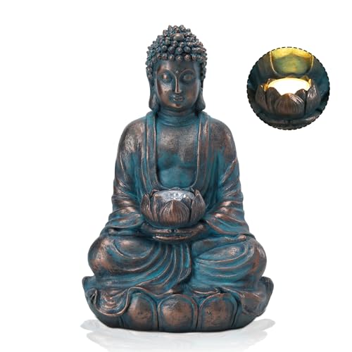 Bshine Buddha Statue Outdoor Solar Light with Lotus Lamp, Zen Garden Decor