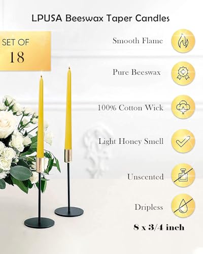 18PCS Beeswax Taper Candles 8" Handmade Natural Candles Sticks,10 Hours Long Burning,Nontoxic,Dripless and Smokeless Bees Wax Candles for Home,Prayer,Tall Tapered - color: 8''beeswax-18pcs