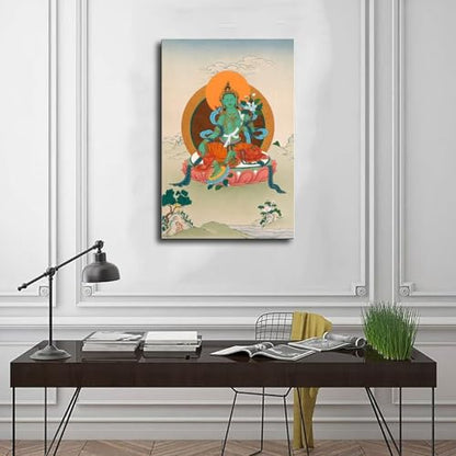 Mother Goddess Green Tara Tibetan Thangka (3) Canvas Poster Wall Art Prints Room Aesthetic Murals Bedroom And Living Decorations Frame 16x24inch - size: Frame 16x24inch