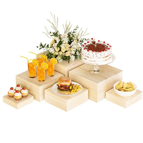 Wooden Display Risers,6PCS Jewelry and Accessories Risers for Jewelry Figurine 5in to 10in For Buffet Party Rustic Wood Cake & Cupcake Stands& Decor (Natural, 5IN to 10IN) - color: Natural