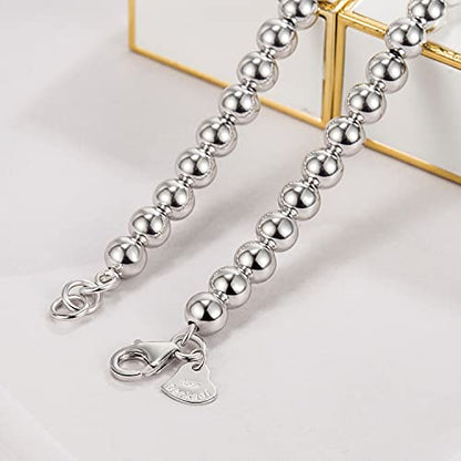 Dankadi Men Solid 925 Sterling Silver Bead Necklace Women 4MM 6MM Round Prayer Beads Link Chain 18 "20" 22 "24" 26 "28" 30" 32" 34" Italy Jewelry Gift - color: 6MM, size: 30 inches