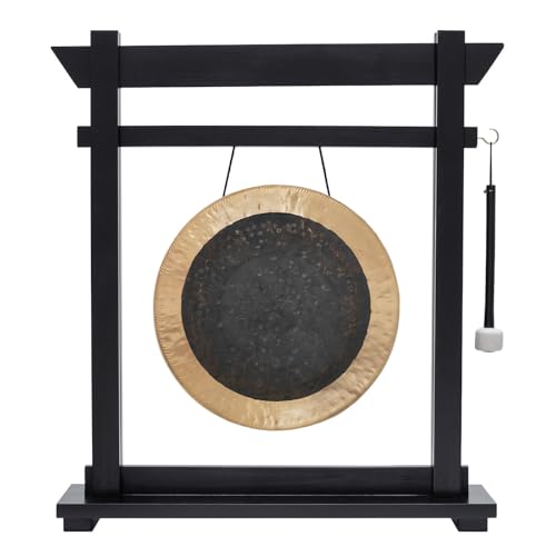 14" Gongs on Black Moksha Joe Stand - Includes Gong, Mallet, & Stand/Small Traditional Chinese Gong/Black Wood w/Matching Mallet/Easy to Assemble/Great for Small Spaces - size: 14" Deep Breath Chau Gong