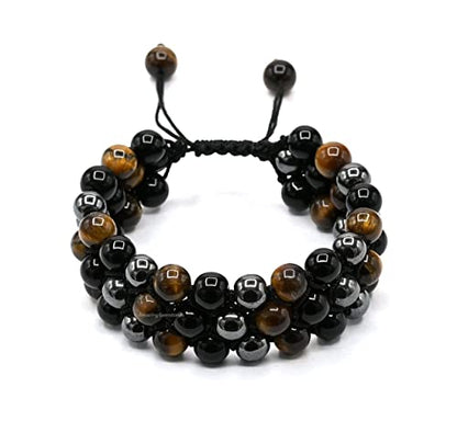 Amazing Gemstone Triple Protection Bracelet - Hematite Black Obsidian Tiger Eye Bracelet Set for Men Women Healing Calming Anxiety Stress Relief Gifts Stocking Stuffer (Adjustable, 3 Layer) - color: Triple Protection (3 Layer)