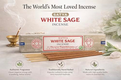 Satya White Sage Incense Sticks with Holder – 3 x 15g Natural Masala Agarbatti for Spiritual Cleansing, Relaxation & Positive Energy
