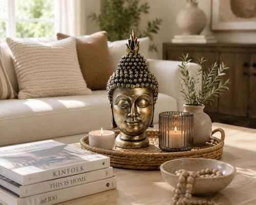 11 Inch Antique Bronze Buddha Head Statue - color: Antique Bronze
