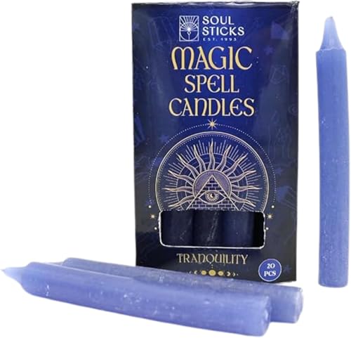 SOUL STICKS Tranquility Magic Spell Chime Taper Candles 20 Pack - Ideal for Altar, Rituals, Ceremonies, Meditation Blue Tapered Candle for Witchcraft Supplies, Wiccan Supplies, Candles Clearance - color: Tranquility Light Blue Chime Candles