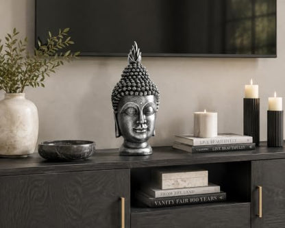 11 Inch Metallic Silver Buddha Head Statue - color: Metallic Silver