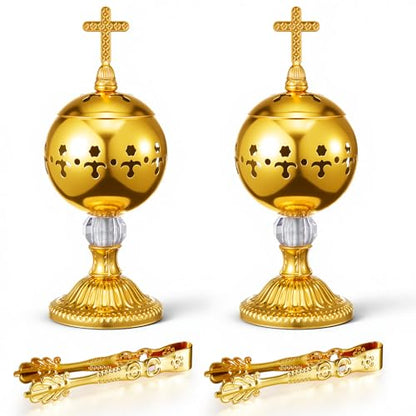Zonon 2 Sets Incense Burner with Tong, Gold, Retro - color: Gold, size: Retro