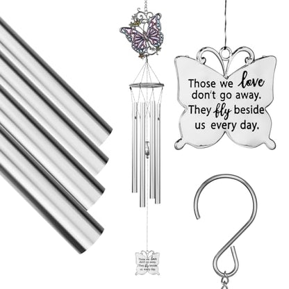Outdoors Butterfly Wind Chimes Sympathy Memorial for Loss of Loved One - Soothing Melodic Tones Aluminum Chime Great as a Gift for Your Patio Porch Garden and Backyard (22.2" Silvery) - size: 22.2" Silvery Butterfly Ornament