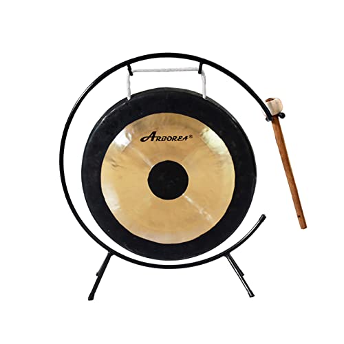Arborea Sound Healing and Therapy Mini Gong 12" with Stand and Mallet Bronze Alloy Hand Hammered Chinese Small Table Chau Gong Home or Office - size: 12" Chau Gong
