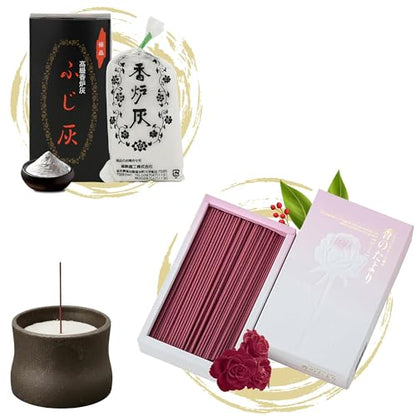 Hasegawa Japanese Incense Gift Set, “Waka” Mino Ware Ceramic Burner + “Fujibai” Fine White Ash + “KOH no Tayori” Low Smoke Rose Incense Sticks, Sandalwood Blend, Made in Japan