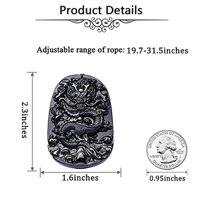ASGIFT Black Obsidian Necklace Lucky Amulet Protection Pendant with Extended Bead Chain Healing Crystal Stone Talisman Necklaces Jewelry - color: Dragon