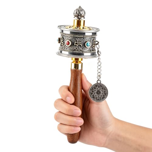 Tissting Handheld Prayer Wheel with Tibetan Buddhist Six Character Mantra - Wooden Handle, Silent Spinning for Meditation, Yoga, Relaxation, Spiritual Practice - color: Cyan