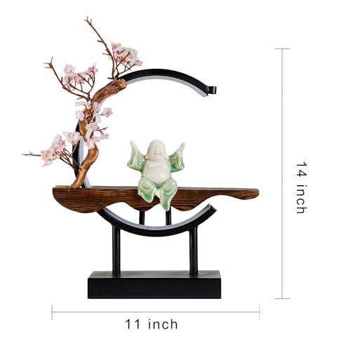 Houlu Fat Green Laughing Buddha Statue for Home Decor, Indoor Ceramic Good Luck Happy Buddha Statue with Artificial Tree and LED Circle Table Lamp