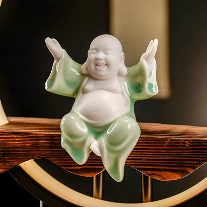 Houlu Fat Green Laughing Buddha Statue for Home Decor, Indoor Ceramic Good Luck Happy Buddha Statue with Artificial Tree and LED Circle Table Lamp