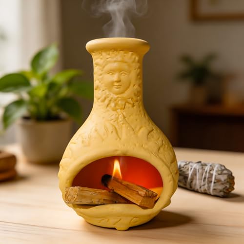 Yellow Mini Chiminea Palo Santo Holder, Handmade Ash Catcher Smudge Bowl - color: Sun Face Palo Santo Holder-yellow
