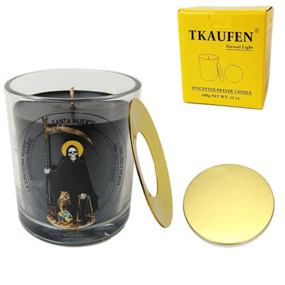 Black Santa Muerte Unscented Soy Prayer Candle 50H with Warmer Ring - color: Black Santa Muerte