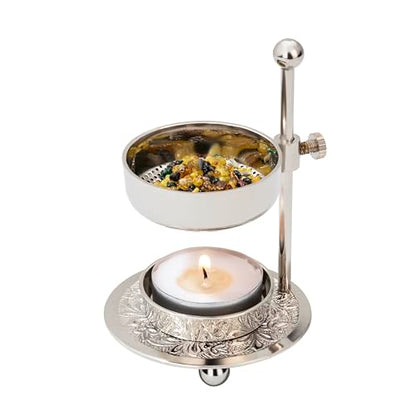 Premium Handmade Nickel-Plated Brass Incense Burner [Silver] with Adjustable Height (4.33 inch) – Includes Screen and Tealight for Perfect Smoking Experience - color: Silver