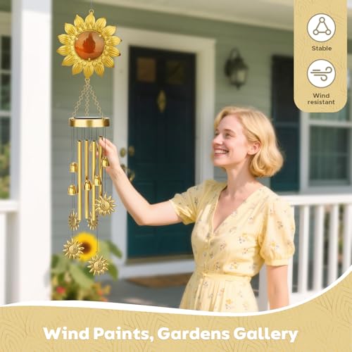 JYPS Solar Wind Chimes with Sunflower LED Lights, 42-Inch Large Waterproof Outdoor Garden Decor for Patio Yard, Unique Gifts for Women Mom Grandma, Mother's Day Christmas Birthday Easy-Install Design