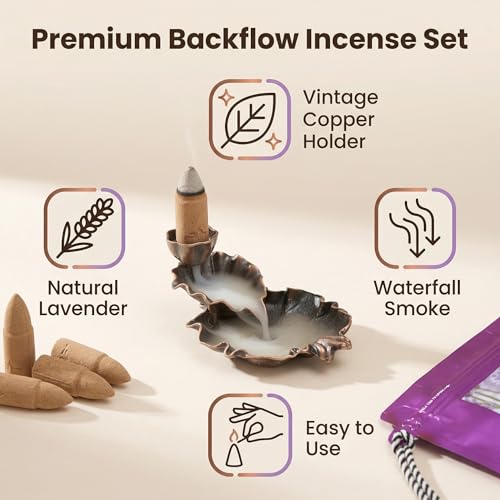 Lavender Backflow Incense Cones - 50 Large Waterfall Back Flow Cones Scented - Includes 1 backflow Incense Burner