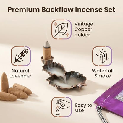 Lavender Backflow Incense Cones - 50 Large Waterfall Back Flow Cones Scented - Includes 1 backflow Incense Burner