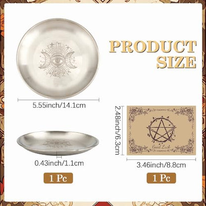 CREATCABIN Eye Altar Ritual Plate Dish Stainless Steel Flat Bowl Round Silver Jewelry Tray Tarot Offering Bowl Dish Candle Trinket Holder for Incense Burner Dowsing Divination 5.55 Inch - style: Silver Eye