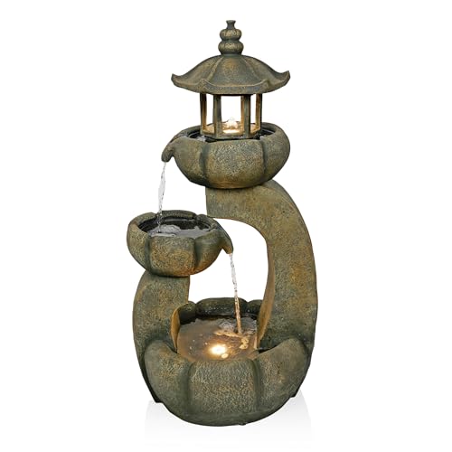 Alpine Corporation 32" Tall 2-Layer Pagoda Polystone Fountain with LED Lights, Cascading Waterfall, Outdoor Garden and Patio Water Feature, Zen Decor, Relaxing Sound, Brown - color: Brown - 32" Pagoda W/ Leds