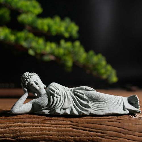 PRETYZOOM Little Reclining Buddha Ornament 3.54In Sandstone Mini Statue Indoor Zen Garden Meditation Decoration