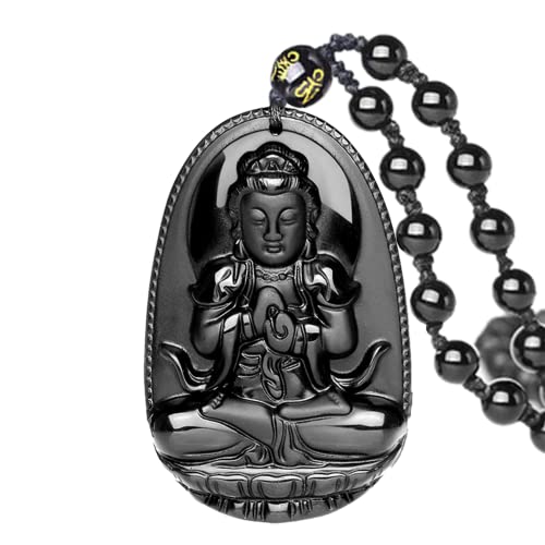 ASGIFT Black Obsidian Necklace Lucky Amulet Protection Pendant with Extended Bead Chain Healing Crystal Stone Talisman Necklaces Jewelry - color: Buddha Tathagata