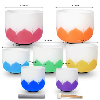 Leize 6-12 inch Lotus Design Chakra Tuned 432hz Set of 7 Quartz Crystal Singing Bowls with Heavy Duty Carrying Cases and Singing Bowl Mallet Suede Strikers - color: Lotus design