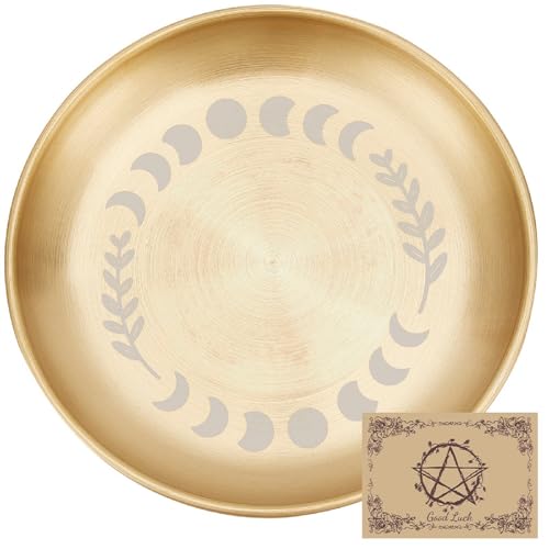 CREATCABIN Moon Phase Altar Ritual Plate Dish Stainless Steel Flat Bowl Golden Round Tarot Offering Bowl Dish Candle Trinket Holder Jewelry Tray for Incense Burner Dowsing Divination 5.55 Inch - style: Golden Moon Phase Leaf